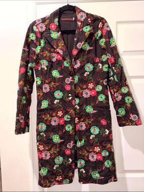 Johnny Was Black Trench Coat with Multicolor Floral Embroidery